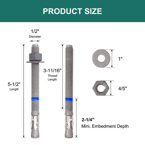 Concrete Wedge Anchors One Half Inch By Five And One Half Inch Heavy Duty Ten Pack Hot Dip Galvanized Carbon Steel Cement Anchor Bolts