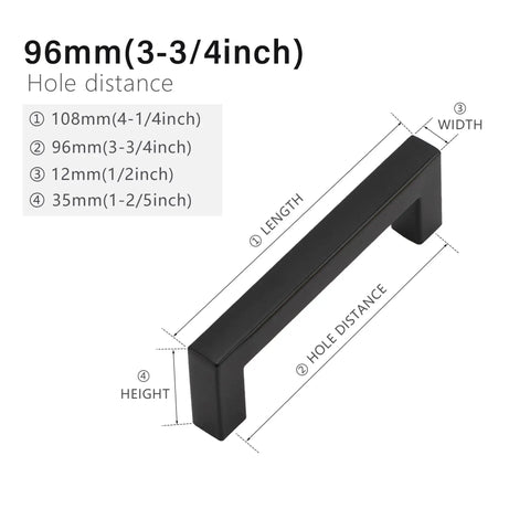 Diagram of Matte Black Cabinet Pulls 20 Pack Square Drawer Pulls Stainless Steel Kitchen Cupboard Handles With 96 Mm Hole Centers And 108 Mm Total Length dimensions.
