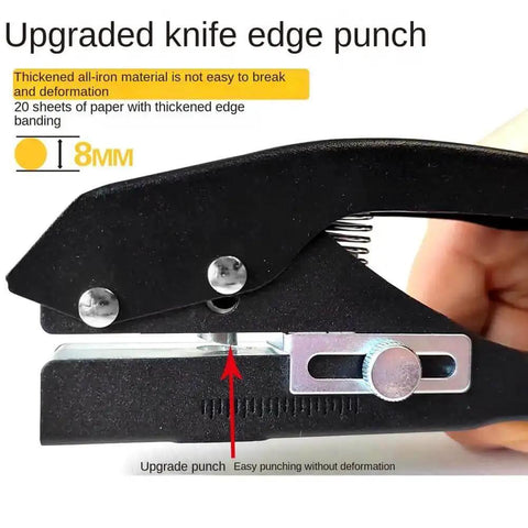 Heavy Duty 8mm Circle Hole Punch Hand Held Paper Punch with upgraded knife edge for easy punching shown in use