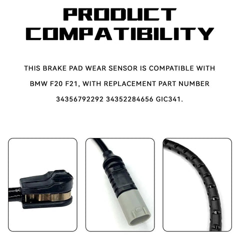 Front view of BMW F20/F21 brake pad wear sensor kit showing copper wear sensor strip, plug connector, and induction cable.