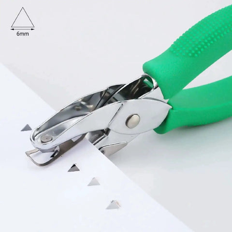 Two Pack Handheld Metal Hole Punches For DIY Crafts And Scrapbooks, Triangle 6mm And Square 4.5mm, soft grip handle in use