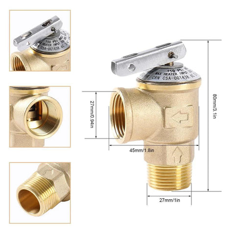 Front view of Witproton 150 PSI T&P relief valve, 3/4 in NPT brass body.
Top close-up of the 150 PSI dial on the Witproton brass T&P valve.
Side view of brass 3/4 in NPT T&P relief valve.
Close-up of brass 3/4 in NPT threads on the valve.
Installed orientation view of the valve ready for piping use.