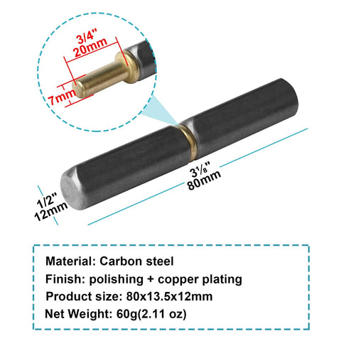 Weld-on bullet hinge pin, 3-1/8 in long x 1/2 in diameter, carbon steel with copper plating, 20-pack