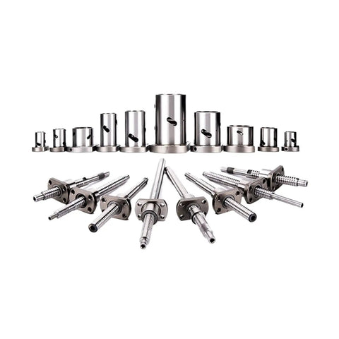 Stainless Steel Ball Screw SFK0802 With Single Ball Nut For CNC Parts 100mm Size, arranged in a precision assembly setup.