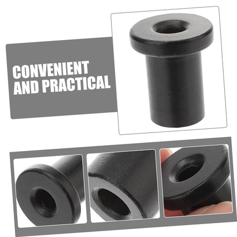 Close-up views of black carbon steel sliding barn door hardware kit component, included in Pro Grade Heavy Duty Door Roller Kit.