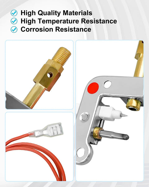 Three-piece pilot assembly kit: brass pilot nozzle, wiring harness, and mounting bracket for Mr. Heater