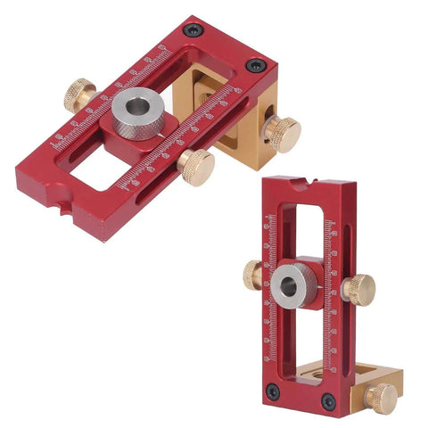 Six Piece Drill Jig Kit With Adjustable Bushings For Precise Woodworking Holes And Quick Assembly, red and gold metal parts