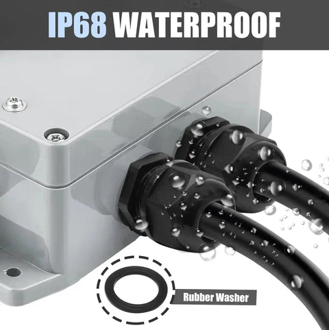 IP68 waterproof junction box with 12 Pack Nylon Cable Glands 1/2 Inch NPT Black Strain Relief Connectors installed