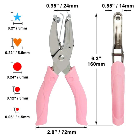 Five Piece Handheld Paper Punch Set with Plastic Handle, Metal Tag Punches for Heart, Circle, Star Shapes, DIY Craft Tags