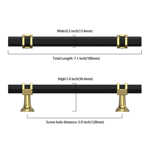 Diagram of 10 Pack 5 Inch Matte Black And Gold Kitchen Cabinet Handles with dimensions, 5 inch center-to-center, 128mm.