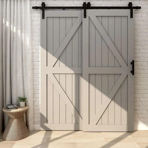 Sliding Barn Door Hardware Kit For Double Wooden Doors, 6FT Single Track System installed on white wooden double doors