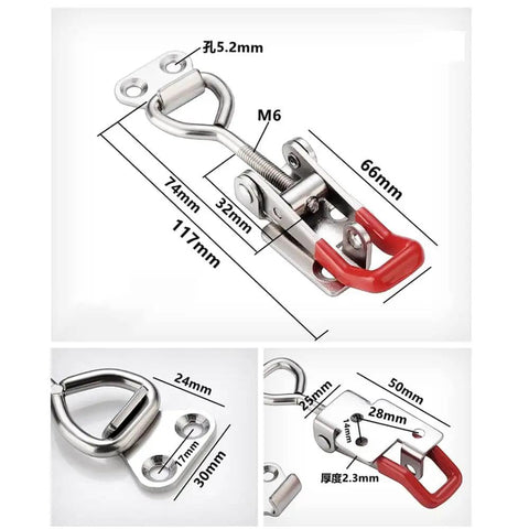 4 Pack Heavy Duty 4002 Toggle Latch Clamp With Lock Hole For Quick Release, metal clamp with red handle, includes measurements.