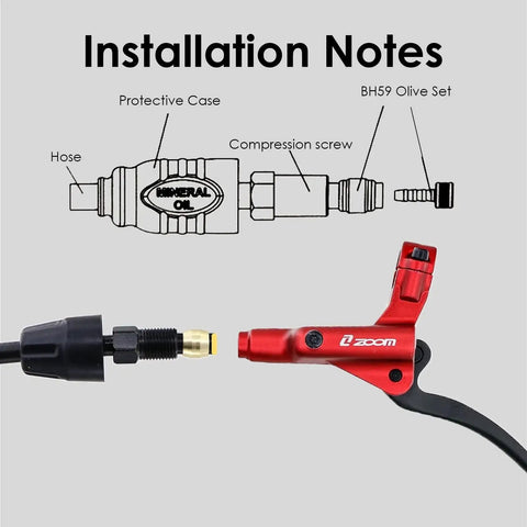 Red Zoom front-view hydraulic disc brake lever with hose and brass olive adapter; installation diagram in background
