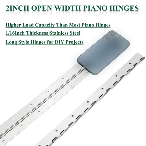 Heavy Duty Piano Hinges Set Of Four, 2 Inch Open Width And 16 Inch Continuous Length, 0.06 Inch Thick Stainless Steel With Pre Drilled Holes