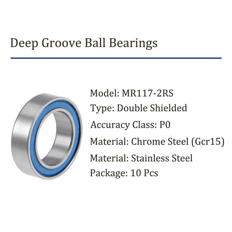 Image of 10 Pack MR117-2RS Chrome Steel Deep Groove Ball Bearings 7x11x3mm Double Sealed, displayed with product details.