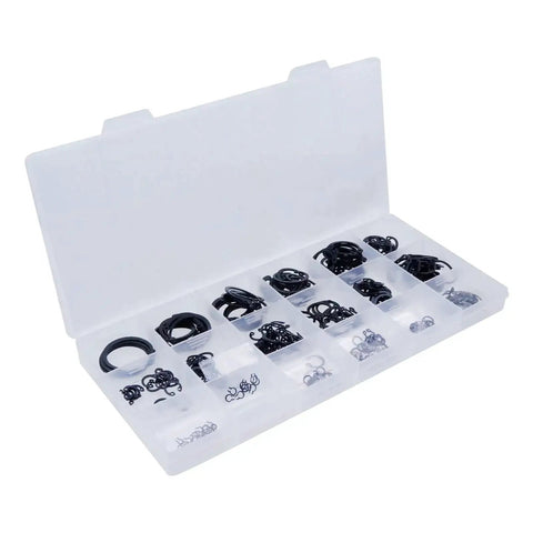 E Clip Assortment Kit 304 Stainless Steel 300 Pieces External Retaining Rings And C Clips in open plastic case.