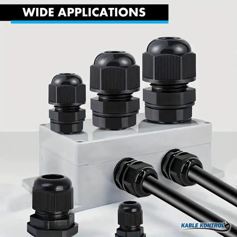 Pro-Grade Nylon Cable Glands One Half Inch Straight Gland With 14 NPT Threads, 50 Pack, installed on control box