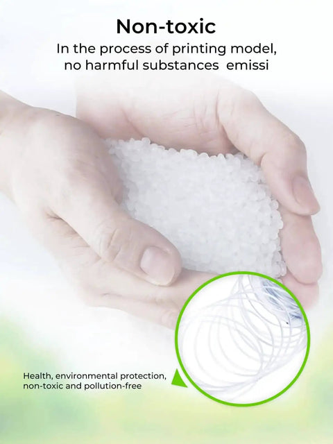 Hands holding ABS filament pellets with text highlighting non-toxic properties, related to ABS Filament 1.75mm Black 1kg For 3D Printing With Heavy Duty Impact And Heat Resistance Odorless Non Toxic Stability Beefy Tough And Warp Resistant Material For Large Prints.