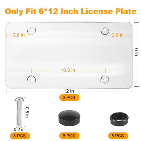 Transparent License Plate Cover 2 Pack With Curved Surface Design Fits Standard 6x12 Plates Keeps Front And Rear Plates Safe With PC Material Heat And Cold Resistant From -60 To 250 Fahrenheit, showing dimensions and mounting hardware.