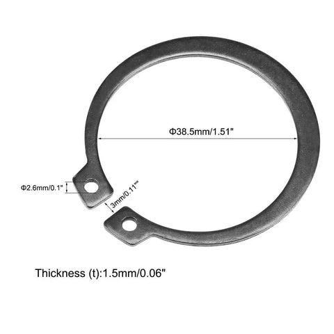 Close-up of 45.5mm External Circlips C Clip Retaining Rings 50Mn Steel Shaft Snap Rings with dimensions labeled for machinery use.
