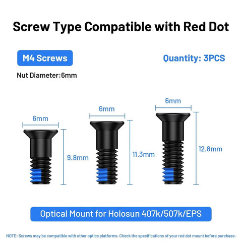 Red Dot Sight Screw Kit For M4 Mounts, 9 Pieces, 6Mm Diameter With 9.8Mm 11.3Mm And 12.8Mm Lengths, Fits Holosun 407K 507K EPS Optics