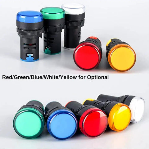 12-Pack 22mm LED Indicator Lights 12-24V AC DC Pilot Signal Lights in red, yellow, blue, green, and white, for panel mounting, 2-pin design