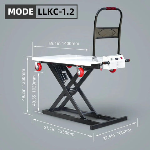 Electric scissor lift table cart with flatbed, black frame, white top, red wheels, control panel.