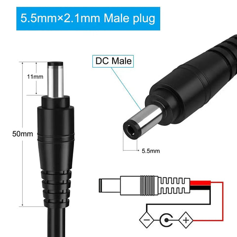 Diagram of Premium 16AWG DC Power Pigtail Cable With 2.1mm By 5.5mm Barrel Plug Male To Bare Wire Open End Power Lead.