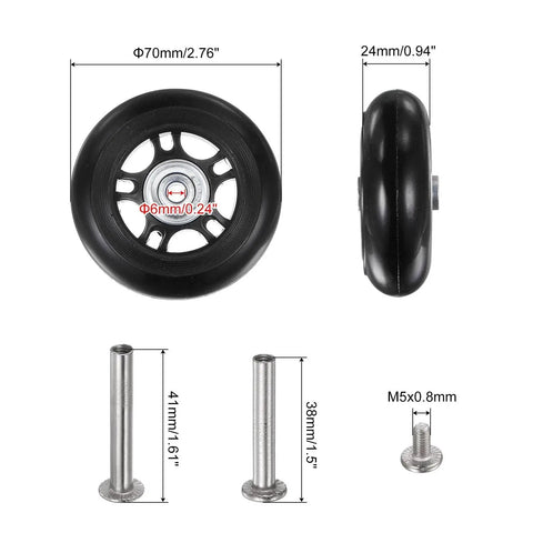 Replacement Luggage Wheels 70x24mm Kit with 2 PU Bearing Wheels, Washers and Metal Axle Screws for Trolley Bags and Caster Boards