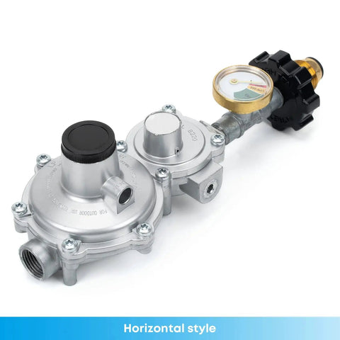 Horizontal Two Stage Propane Regulator With Gauge Three Eighth Inch Female NPT And POL Tank Connection displayed horizontally