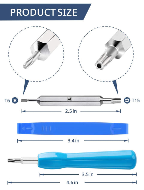All In One Doorbell Screwdriver Replacement Kit With Double Ended Torx T6 T15 And 20 Security Screws For Battery Change And WiFi Password Reset Fits All Video Doorbell Models Easy Install And Secure Removal, showing product sizes and bits.