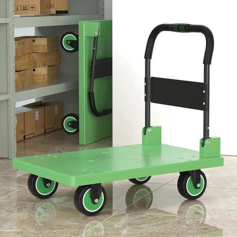 Green Folding Mobile Platform Trolley Heavy Duty Dolly Cart with thickened reinforced base and 360 degree swivel wheels, in storage position.