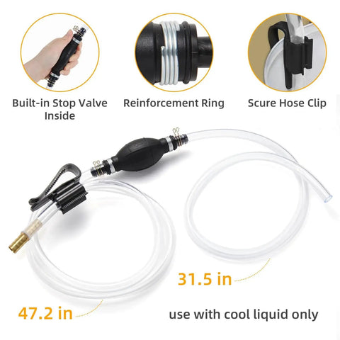 High Flow Hand Fuel Siphon Pump For Gasoline Oil Diesel With 2 Premium PVC Hoses, showing built-in valve and reinforcement ring.