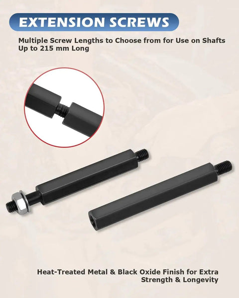 Extension screws from Heavy Duty Bearing Separator Puller Set With 5 Ton Capacity, heat-treated metal with black oxide finish.