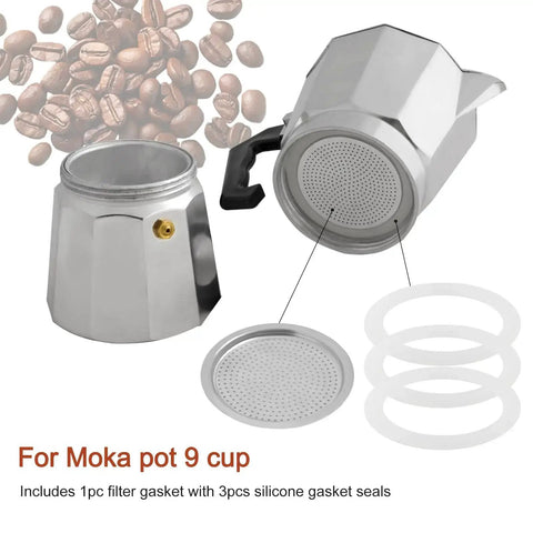 Your Go-To Gear Silicone Gasket And Aluminum Filter Set For Stovetop Espresso Makers 2/3/6/9/12 Cup Rubber Seal For Moka Pot Replacement Parts Easy Install Durable 9 Cup Compatibility Heat Resistant Stove Top Coffee Machine Accessories. Shown with 9-cup moka pot, aluminum filter, and silicone gaskets.