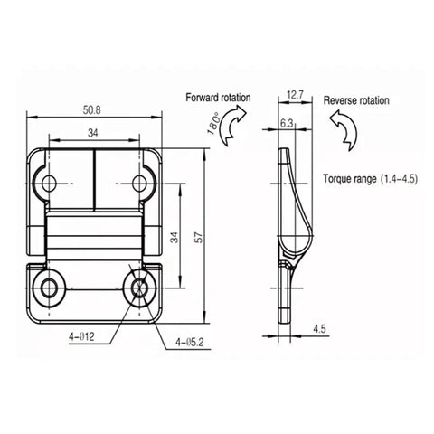 Technical drawing of Zinc Alloy Torque Hinge For Furniture And Doors, Black Cabinet Box Hinge, 3.4Nm Torque, with measurements.