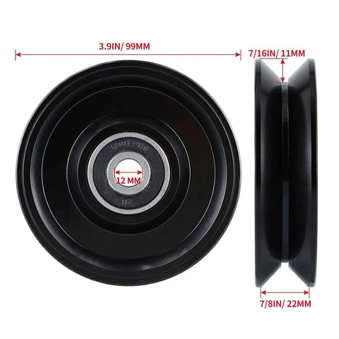 Heavy Duty V Groove Gate Wheel 3.9 Inch With Double Bearings, Sliding Gate Caster For Inverted V Track, top and side view