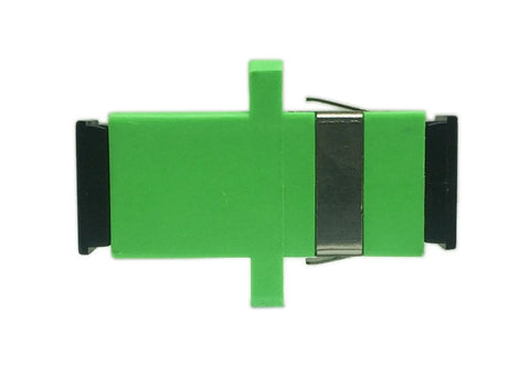 SC fiber optic adapter, female-to-female, APC, green housing with mounting tab