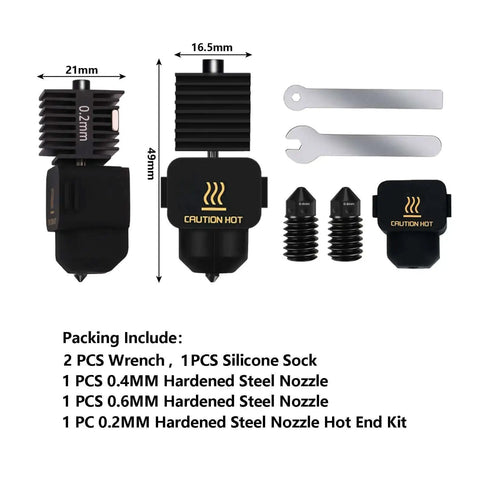 Dope Hotend Kit For A1 Mini 3D Printer Upgrade with three hardened steel nozzles 0.2mm 0.4mm 0.6mm, silicone sock, and wrenches included.