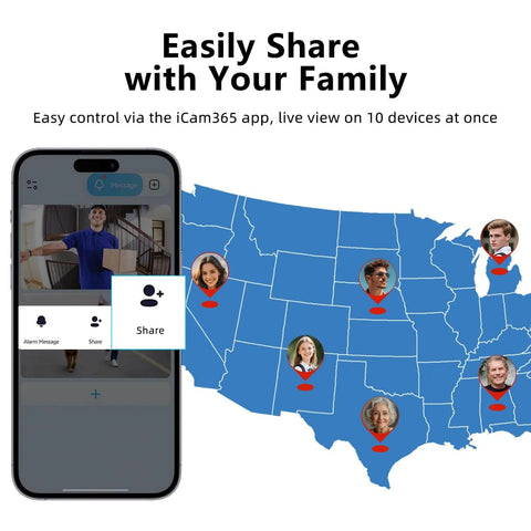 Smartphone displaying iCam365 app with map showing connectivity; part of Wireless Video Doorbell Camera With AI Detection, Real Time Alerts, 1080p HD Video