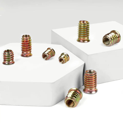 M8-1.25 Wood Threaded Inserts 25mm Long, 30 Pack With Hex Spanner, Zinc Plated Steel For Furniture And Woodworking Projects shown on display.
