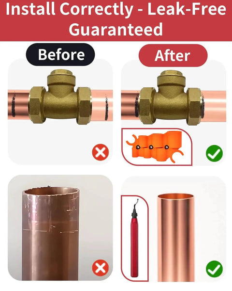 12 In 1 Pro Grade Plumbing Kit With 5 High Speed Steel Deburring Blades For PEX Copper PVC CPVC Pipes And Push Fit Fittings Make Install Quick And Leak Free Diyer Friendly Professional Tools Vorhixa installation guide before and after comparison image with copper pipes and tools.