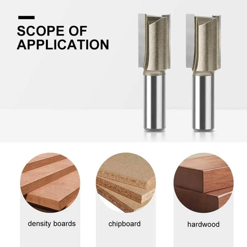 1/4 Inch Shank 1/4 Inch Cutting Diameter 2 Flute Straight Router Bit Carbide Tipped Plunge Router Bit 4 Pack For Woodworking Plywood Hardwood Softwood DIY Projects shown with application on density boards, chipboard, and hardwood
