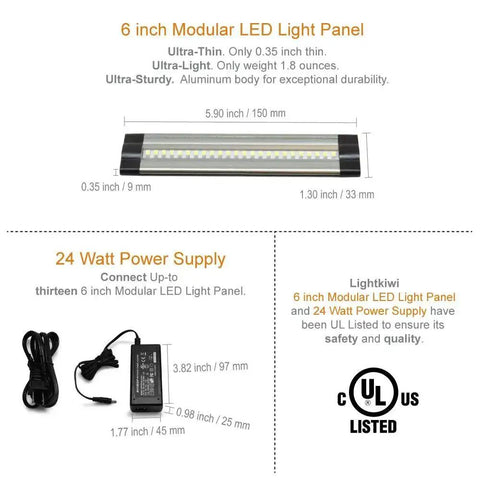 Diagram of 6 inch Cool White Modular LED panel and 24W power supply with dimensions for under cabinet lighting kit
