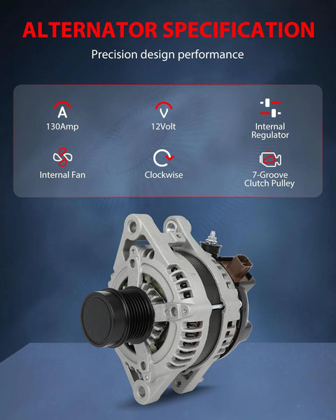 Front view of Alternator Replacement For Toyota RAV4 3.5L 2006-2008 12V 130A High Output With 7-Groove Clutch Pulley CW Rotation