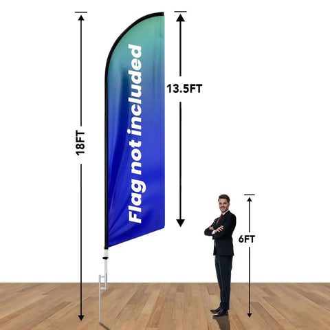18Ft Aluminum Feather Flag Pole Kit For Swooper Flags with height measurements beside a 6ft person for scale