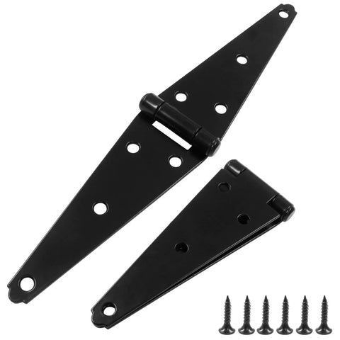 4Pcs Strap Hinge Set For Doors And Gates, Heavy Duty 6 Inch Tee Style Hinges in black with screws shown against white background.
