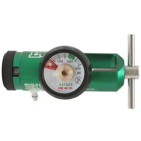 Oxygen regulator with gauge, green metal body, CGA-870, 0–15 LPM, wrench key included