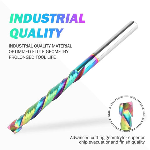 Up and Down Compression Router Bit With One Quarter Inch Shank, Extra Long Four Inch Overall Length, Two Inch Cutting Length, Solid Carbide Spiral Router Bit For CNC And Wood Milling With TAC Coating