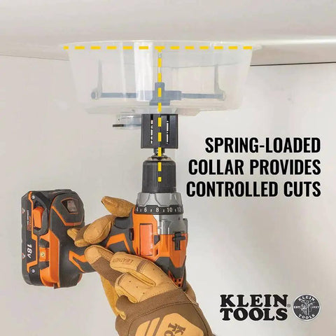 Pro Grade Adjustable Hole Saw Cutter For Drywall And Ceiling Tiles With Dust Bowl And Vacuum Port, in use on ceiling